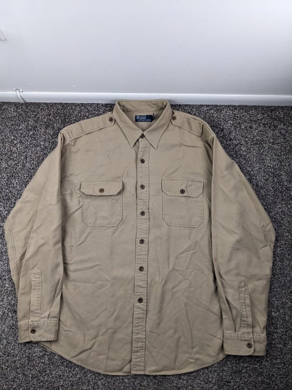 Vintage Polo Ralph Lauren Shirt Military Epaulettes L/S Button Up Beige Mens 2XL